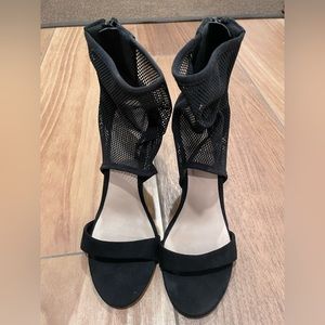 Aldo stiletto heel black suede sandal with mesh ankle detail